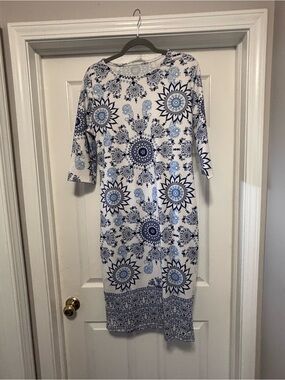 Blue and White Floral Medallion Midi Dress